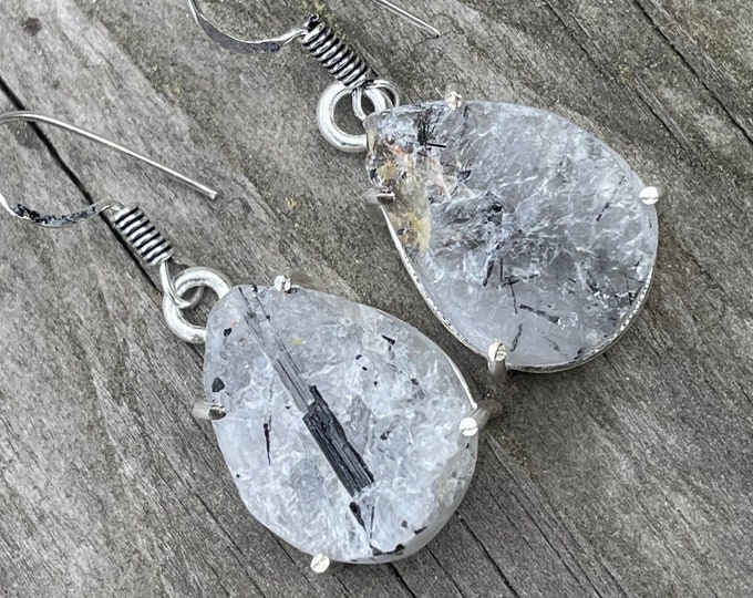 RUTILE QUARTZ, SILVER 925, 925 silver earrings, raw rutile quartz earrings, black tourmaline earrings