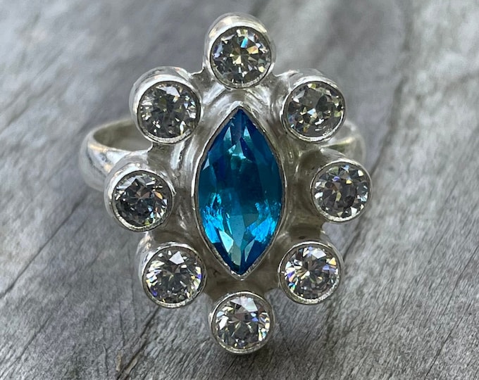 925 silver ring with 8 white topaz and 1 blue topaz size 55 or 7.25US boho-chic gift for women
