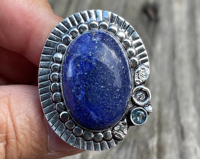925 silver ring with a lapis lazuli cabochon and a blue topaz size 58 or 8.25US gift for women or men