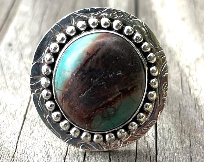 925 sterling silver ring with Tibetan turquoise cabochon size 53 or 6.5US ethnic style