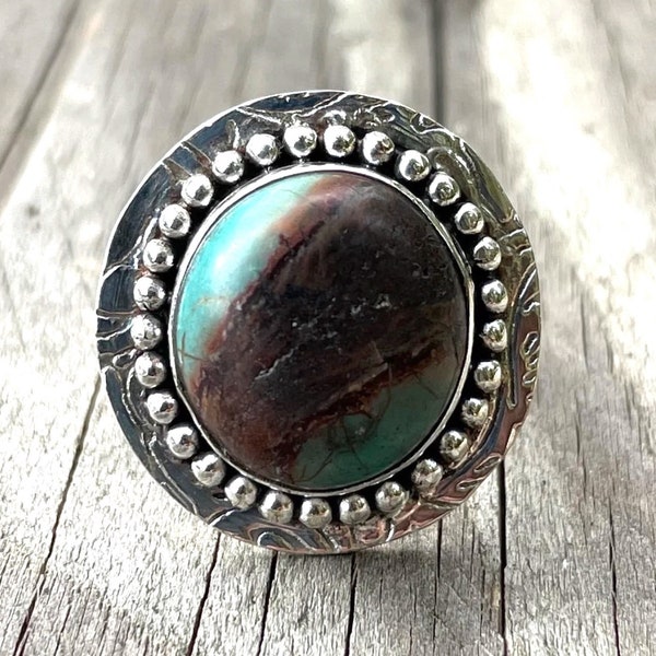 Bague en argent sterling 925 avec cabochon de turquoise du Tibet taille 53 ou 6.5US style ethnique