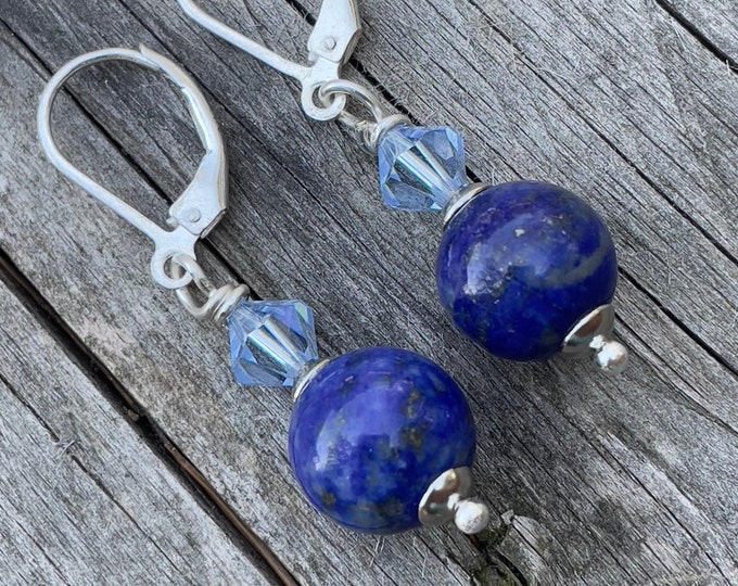 Earrings silver 925 with round pearl of lapis lazuli and Swarovski crystal boho chic style for women new collection