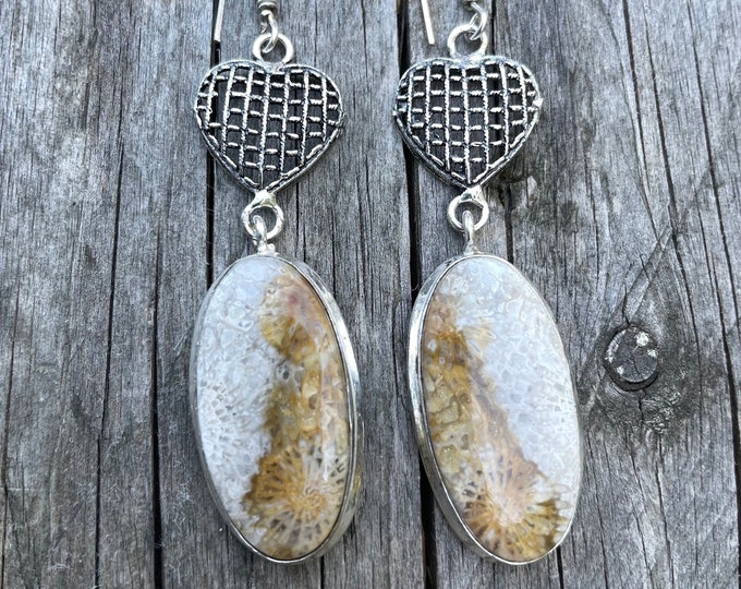 925 silver earrings with a fossilized coral cabochon from Bali and a boho style silver heart for women