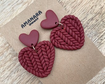 Handmade polymer clay earrings, burgundy colored earrings, knitted heart earrings, clay heart