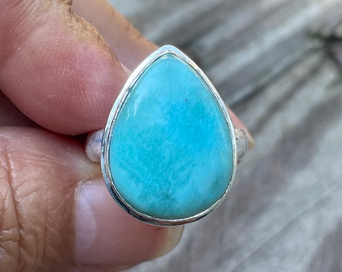 925 silver ring with a boho style larimar cabochon size 60 or 9.25US for women or men