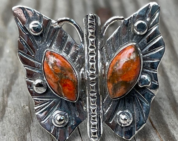 Butterfly ring in silver 925 with turquoise orange size 53 or 6.75US boho style for women or men