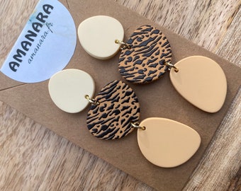 Handmade polymer clay earrings, beige and brown earrings, leopard earrings, leopard print