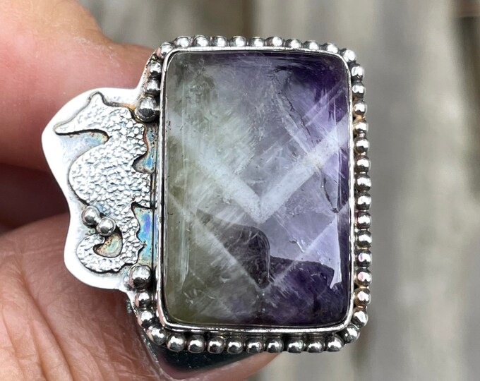 925 silver ring, chevron amethyst ring, seahorse ring, marine animal ring, purple stone ring, herringbone amethyst