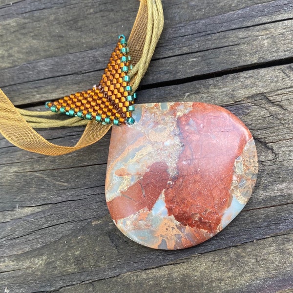 Aqua terra jasper pendant, needle embroidered pendant, handmade pendant, boho pendant, orange pendant, jasper necklace