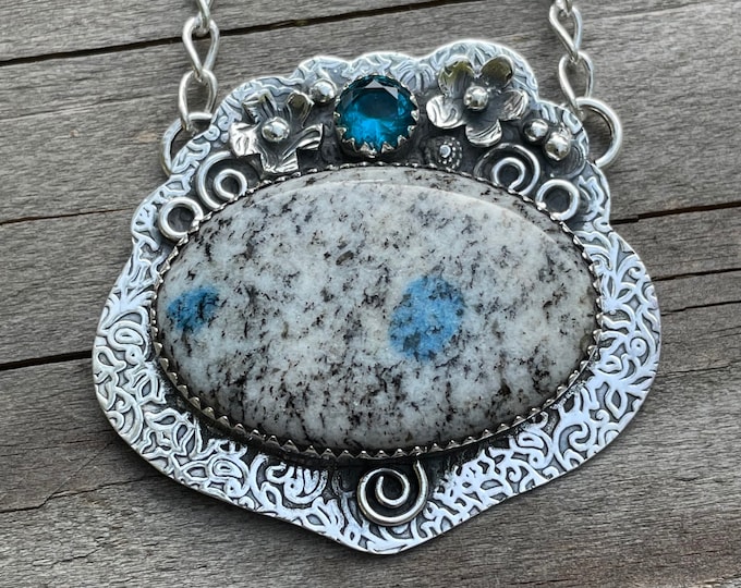 925 silver necklace with K2 jasper pendant and a blue topaz flowers in boho style silver