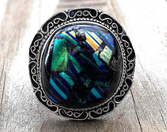 925 silver ring with a dichroic glass cabochon size 53 or 6.5US for women or men vintage style