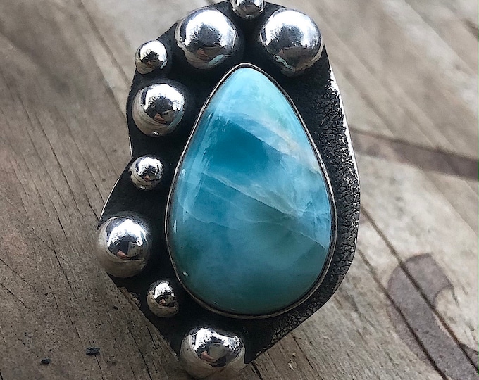 Larimar ring from the Dominican Republic and sterling silver 925 style boho chic size 54 or 7US gift idea for women