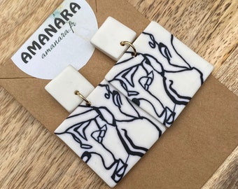 Handmade polymer clay earrings, face earrings, white earrings, face print