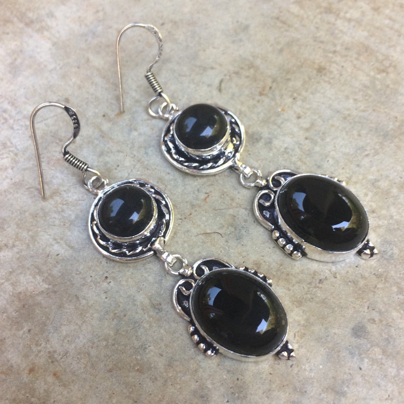 Onyx and silver dangle earrings boho-chic earrings Vintage silver and onyx earrings Bohemian earrings