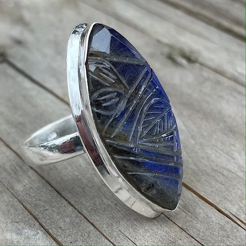 Bague labradorite sculpt\u00e9e et argent 925 taille 56 size 7.5 US