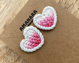 Handmade chip earrings in polymer clay, pink earrings, knitted heart earrings, paste heart