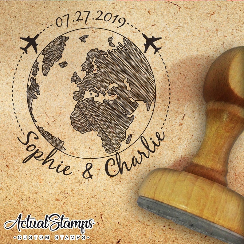 WEDDING STAMP, Rubber Stamp Name and Date, Save the Date Wedding Stamp, Custom Stamp, Invite Stamp, World Map Planes, Stempel Hochzeit imagem 1