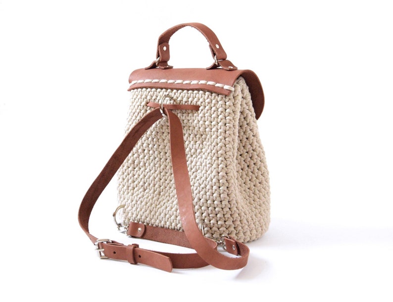 Brown crochet bucket bag Women small backpack Beige cotton handbag Travel fashion accessories Boho crossbody purse School rucksack