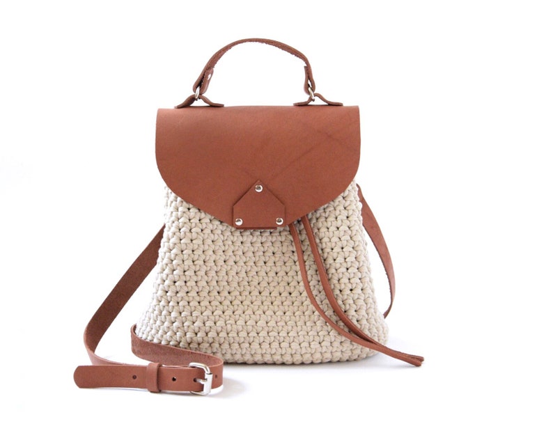 Brown crochet bucket bag Women small backpack Beige cotton handbag Travel fashion accessories Boho crossbody purse School rucksack