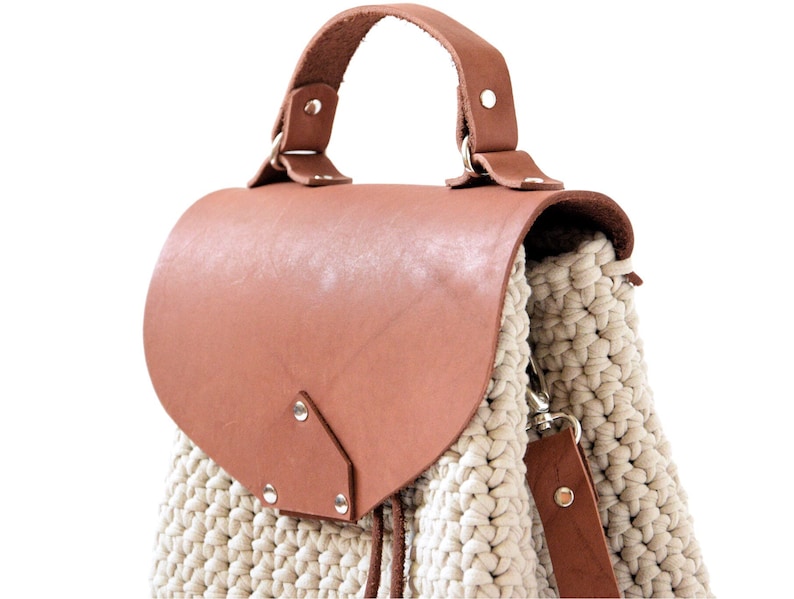 Brown crochet bucket bag Women small backpack Beige cotton handbag Travel fashion accessories Boho crossbody purse School rucksack