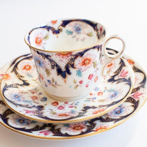 Blythe Porcelain Co. Ltd. Diamond China Teacup Trio with Floral and Gilt Detail, Vintage Teatime, Antique China Teacups