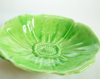 Vintage Majolica Green Leaf Dish, Vintage Green Majolica China, Cabbage Leaf China