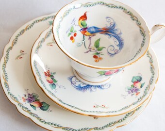 Shelley &#39;Versailles&#39; Pattern Teacup Trio, Vintage Teatime, Shelley Bone China Teacups, Vintage Chinoiserie Floral Teacups