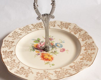 Vintage Cake Stand with Floral and Gilt Detail and Chrome Handle, Vintage Teatime