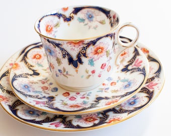 Blythe Porcelain Co. Ltd. Diamond China Teacup Trio with Floral and Gilt Detail, Vintage Teatime, Antique China Teacups
