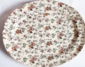 Antique Very Large Brownfield Ivory Stoneware Black and White Transferware Meat Platter or Serving Plate with Hand Painted Red Floral Detail