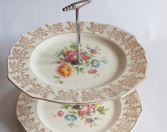 Vintage Two Tier Cake Stand with Floral and Gilt Detail and Chrome Handle, Vintage Teatime