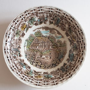 Barratts Staffordshire &#39;Cottage Garden&#39; Brown Transferware Cereal or Dessert Bowls (2), Blue Transferware