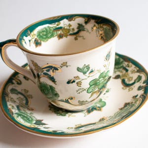 Mason&#39;s Ironstone &#39;Chartreuse&#39; Muster Teetasse mit Untertasse, Vintage Masons Ironstone, Vintage Teatime