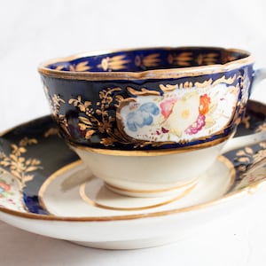Antique Colbalt and Gold Bone China Teacup and Saucer with Handpainted Floral Detail, Vintage Teacups, Vintage Teatime