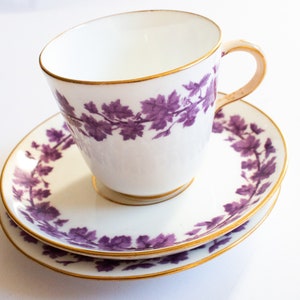 Vintage Purple Floral China Teacup Trio with Gilt Detail, Vintage Teatime, Vintage Teacup Trios, Cups and Saucers
