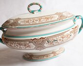 Antique Ashworth Bros. 39 Lucerne 39 Brown and White Transferware Lidded Tureen with Blue and Red Trim, Antique China