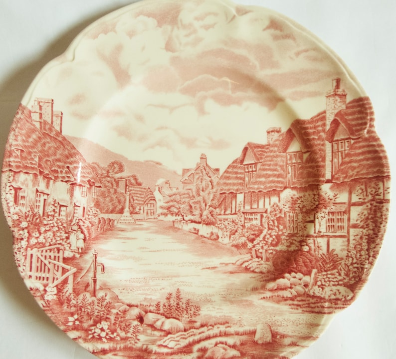 /'Olde English Countryside/' Red and White Ironstone Transferware Plate Johnson Bros