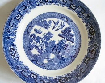 Vintage Blue and White Transferware 'Old Willow Pattern' 17cm Side Plates (6), Blue Transferware, Vintage Blue China, Everyday China