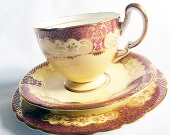 Aynsley Bone China Red, Ivory and Gilt Teacup Trio (12 available)