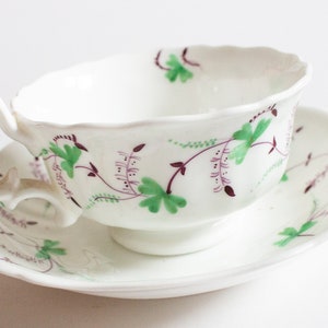 Antique Purple and Green Floral Motif Teacup and Saucer, Vintage Teatime image 6