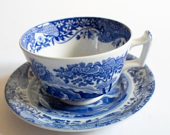 Spode &#39;Italian&#39; Blue and White Transferware Teacup and Saucer, Vintage Teatime