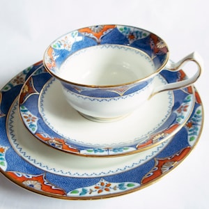 Fenton Kildare Bone China Blue and Orange Teacup Trio, Vintage Bone China, Vintage Teatime