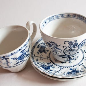Johnson Bros &#39;Indies&#39; Blue and White Transferware Teacups and Saucers (2), Vintage Teatime, Blue Transferware