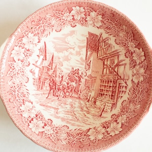 Vintage Royal Tudor Ware Ironstone &#39;Coaching Taverns&#39; Pink and White Transferware Serving Bowl, Pink Transferware