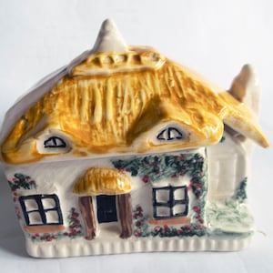 Può includere: Un contenitore in ceramica a forma di cottage con tetto di paglia. Il cottage è dipinto di bianco con infissi marroni, una porta nera e accenti floreali rossi. Il tetto è di colore giallo dorato.
