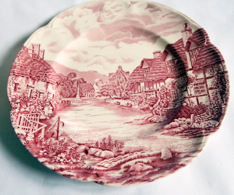 /'Olde English Countryside/' Red and White Ironstone Transferware Plate Johnson Bros