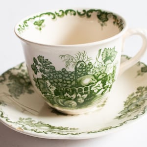 Masons Keramik Teetasse und Unterteller, Vintage Masons Porzellan, &#39;Fruit Korb&#39; Muster Grün und Weiß Transferware