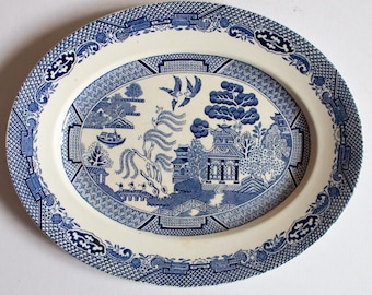 Barratt's Staffordshire 'Willow' Pattern Small Blue and White Transferware Serving Platter, Vintage Willow Pattern China