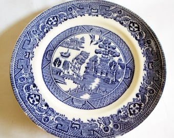 Vintage Blue and White Transferware 'Old Willow Pattern' Side Plates (4), Blue Transferware, Vintage Blue China, Everyday China