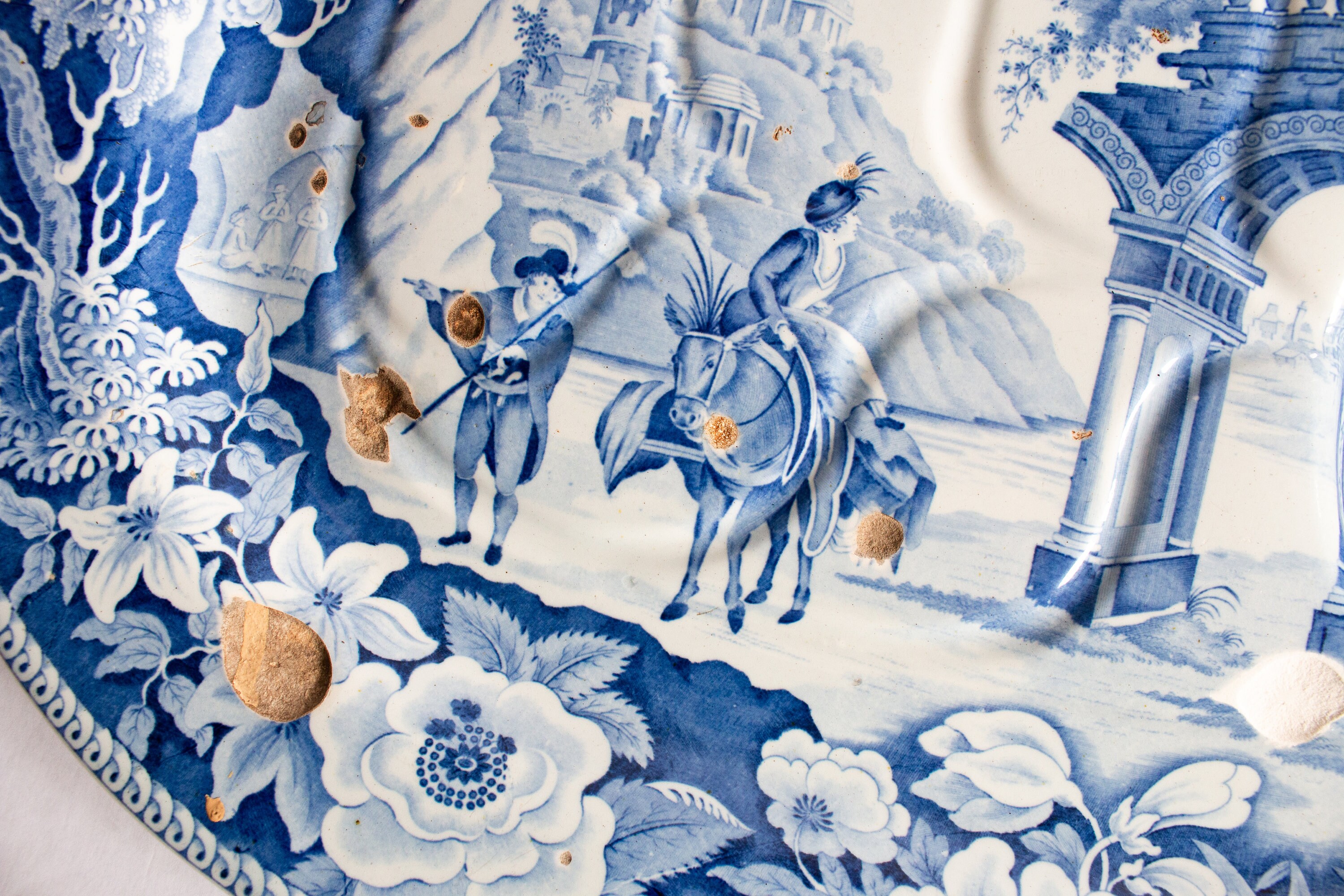 Clews Patterns Large Antique Clews 'ruins' Pattern Blue and White Transferware Serving ...